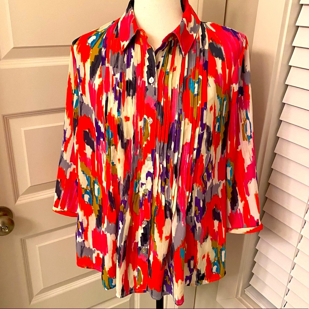Investments||Multi color print long sleeve button up blouse (petite)